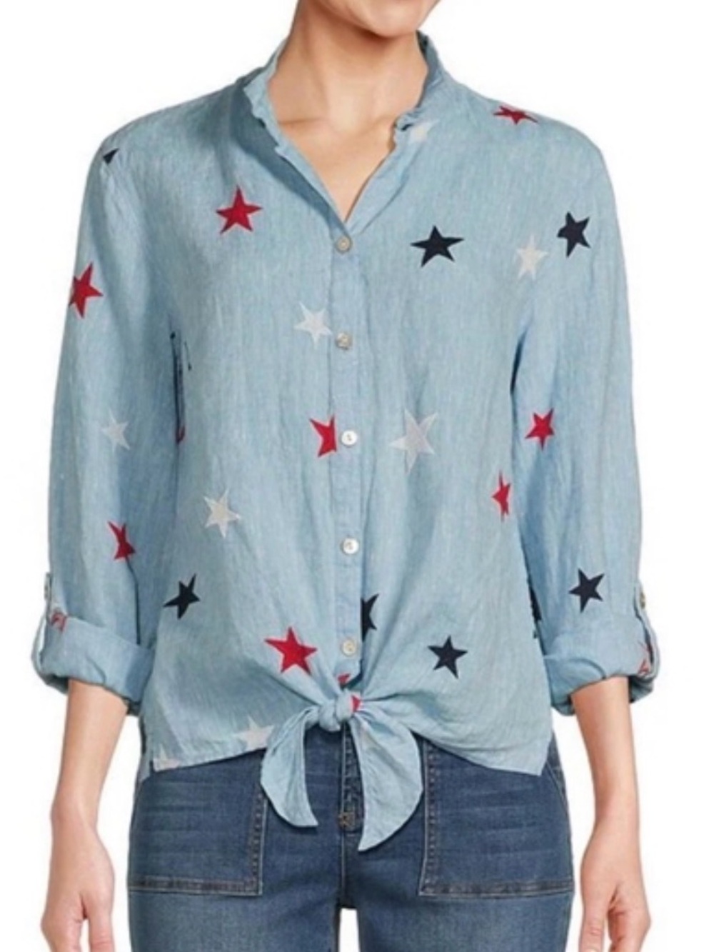 John Mark Embroidered Star Linen Point Collar Roll-Tab Sleeve Button Front Top
